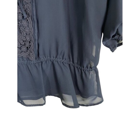 Retro Coastal Top L Blue Sheer Crochet Boho Embroidery Peplum Neutral Preppy 80s - Picture 5 of 14